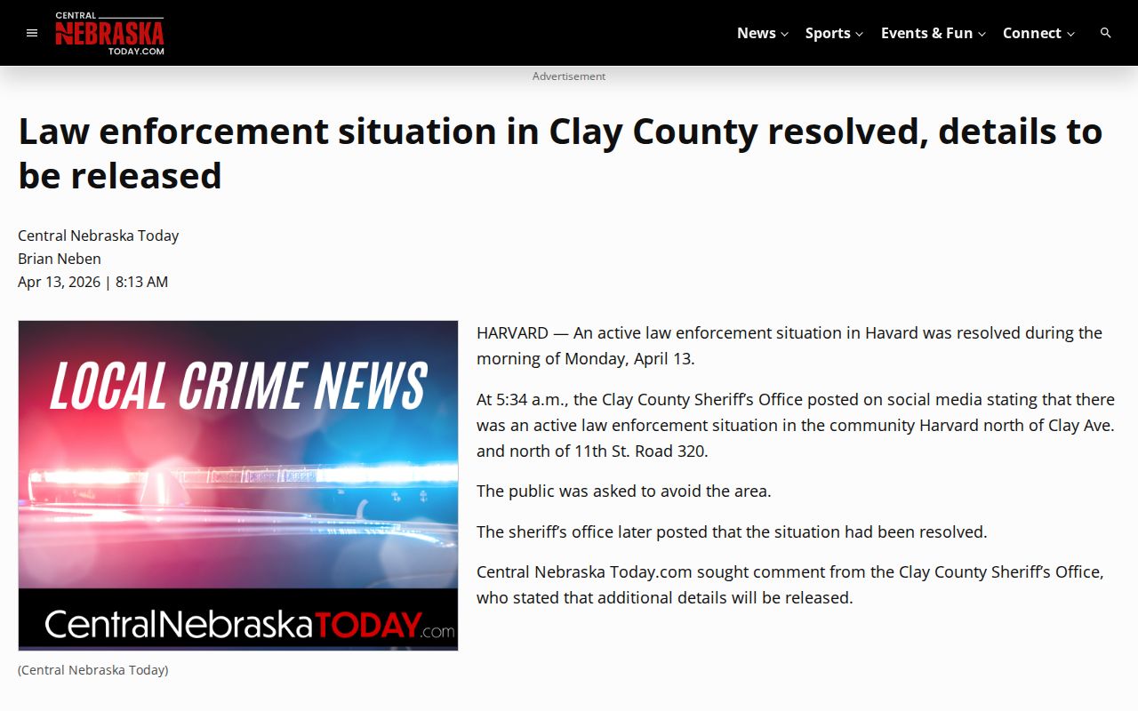 Clay County incident news screenshot from Central Nebraska Today