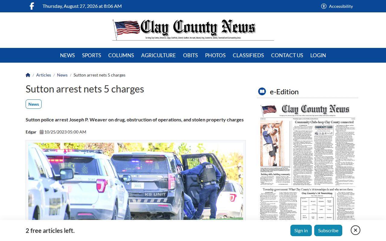 Clay County news record coverage screenshot from a Sutton arrest report