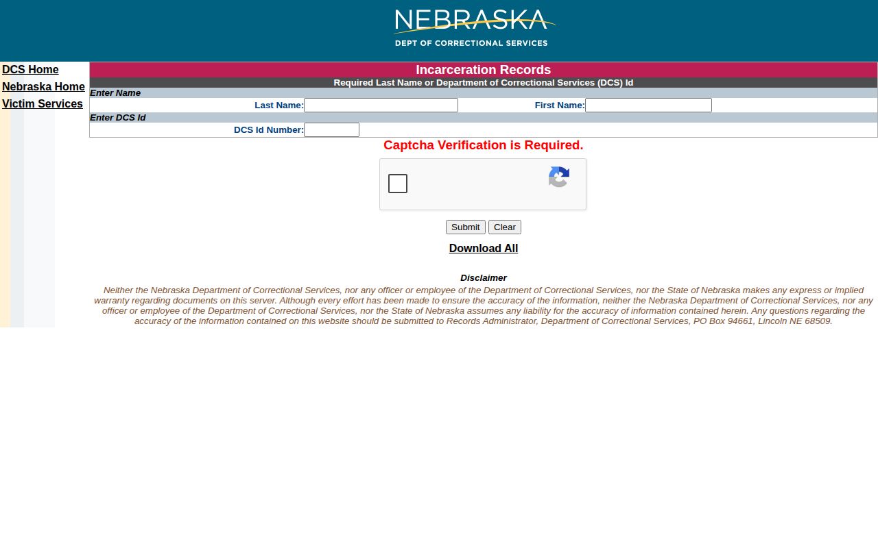 Nebraska Department of Correctional Services search for Clay County state-custody records