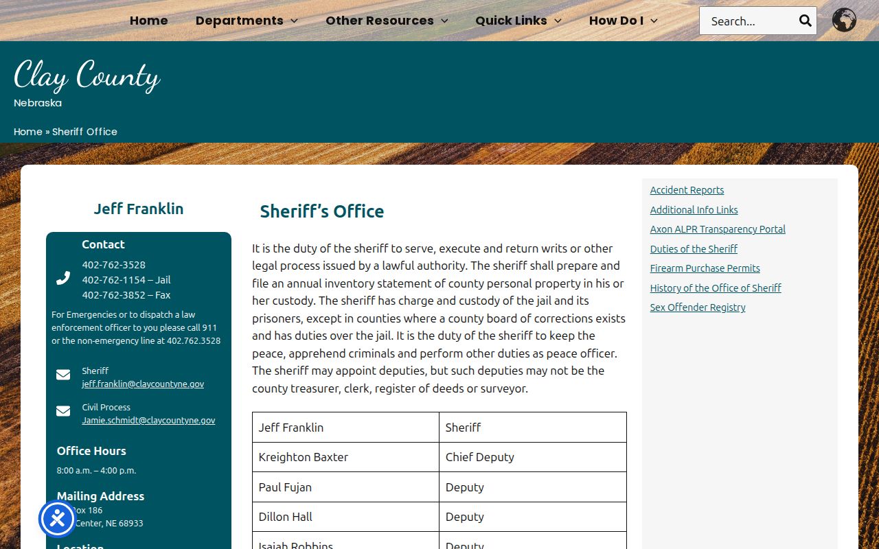 Clay County Sheriff official page for jail booking-record contact