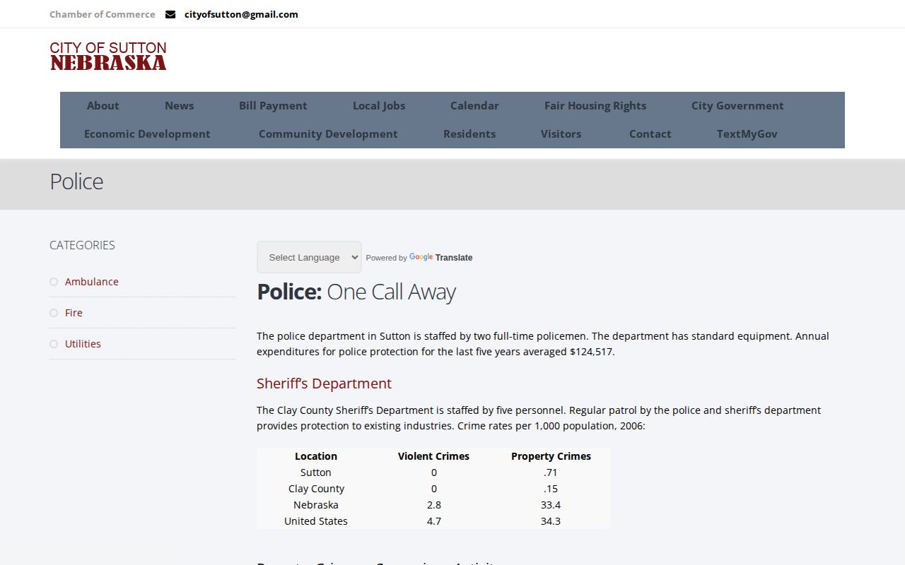 Sutton Police Department official contact page for Sutton arrest records